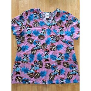 Minnie Mouse Pink Hawaiian Pineapples Nurse Uniform Scrub Top Women's Size XL